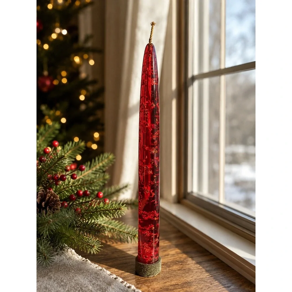 Vintage Red Lucite Taper Candle Christmas MCM Decoration Glitter Foil Acrylic 8