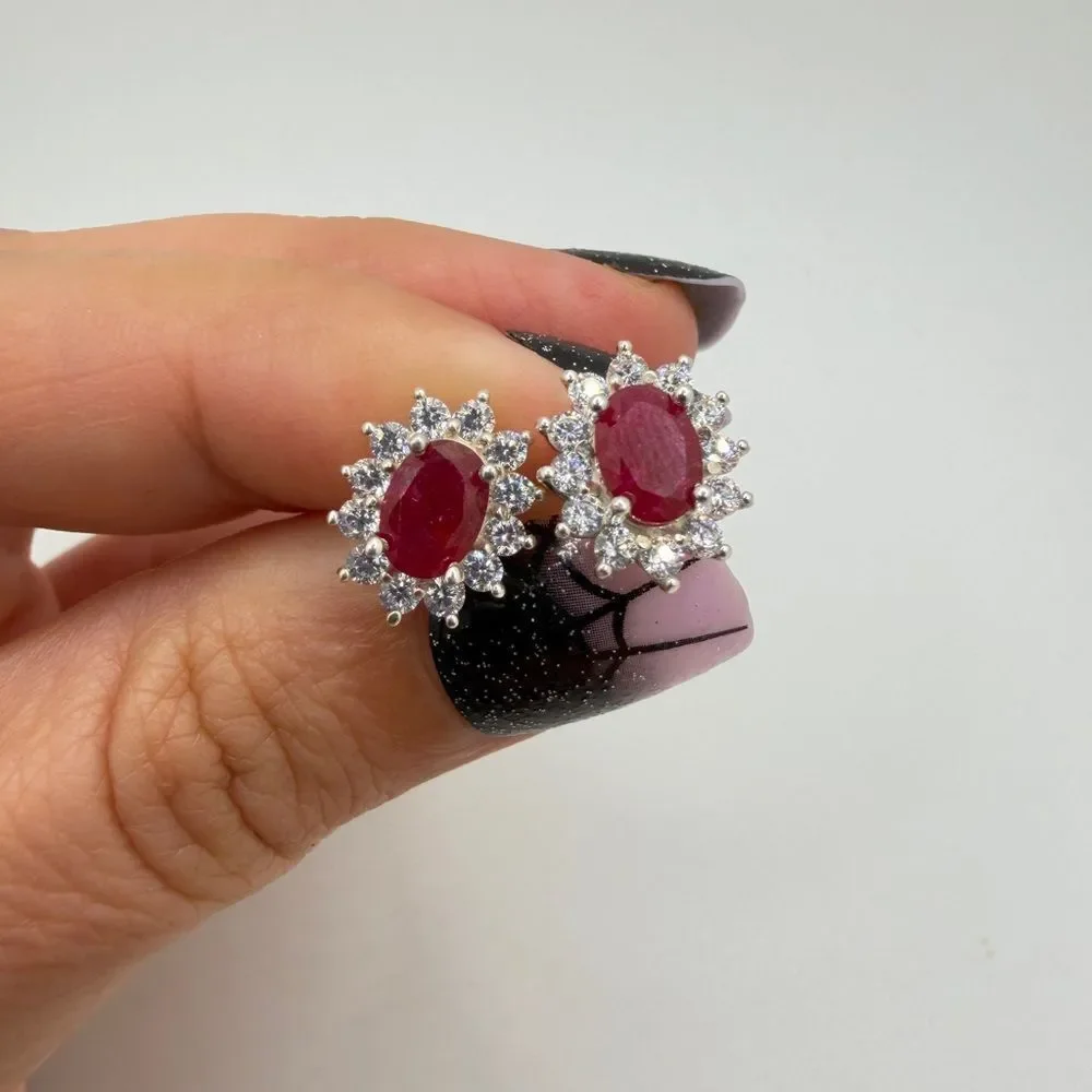 NWOT 5x7mm oval cut RUBIES w/ halo of cz‎ diamond stud earrings in 925!