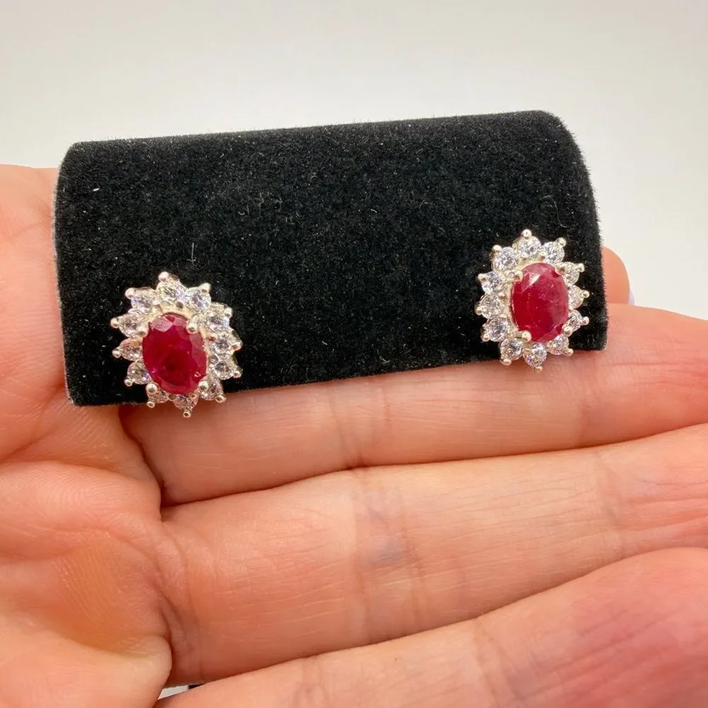 NWOT 5x7mm oval cut RUBIES w/ halo of cz‎ diamond stud earrings in 925!