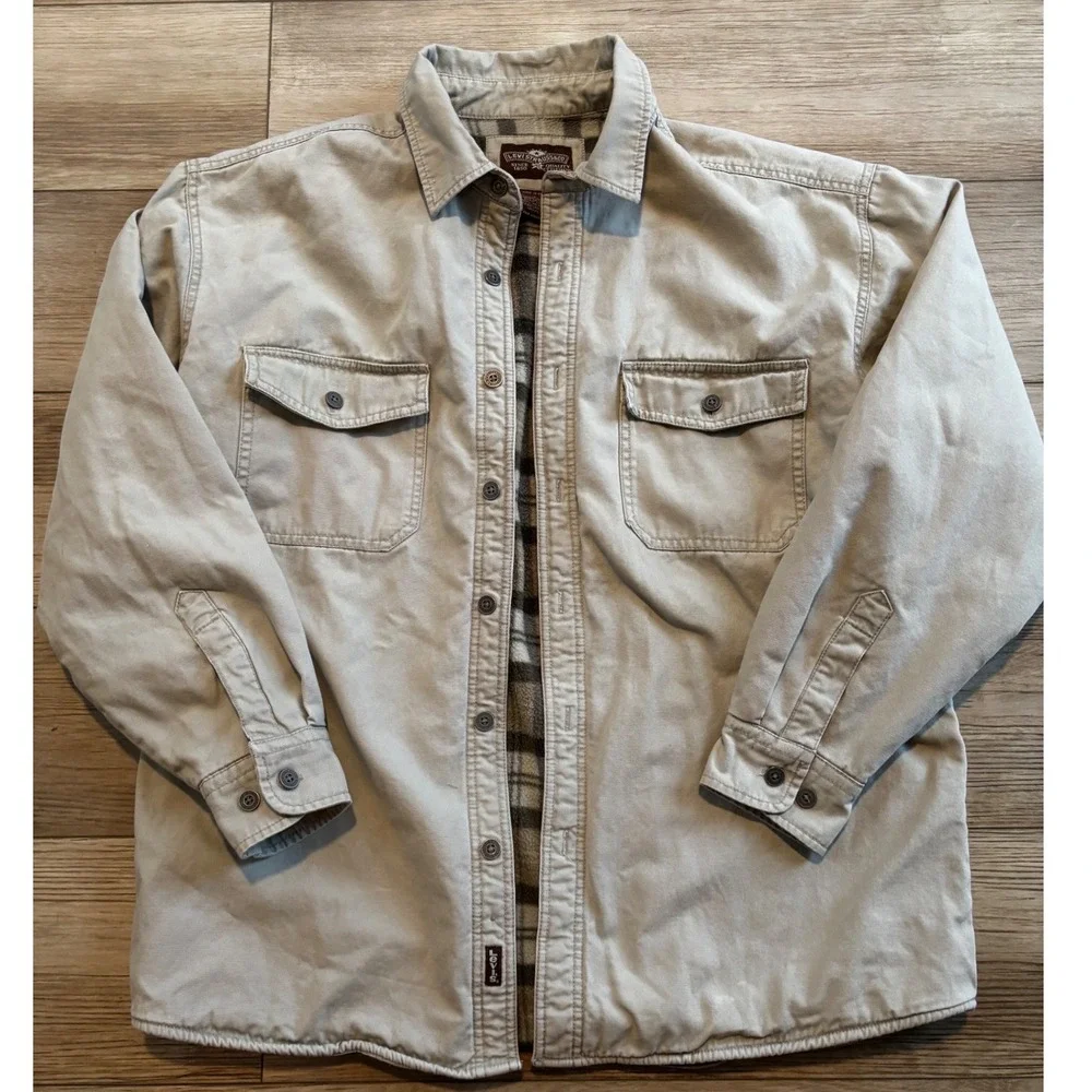 Levis Mens Canvas Shirt Jacket Tan Fleece Lined Plaid Workwear Shacket Large