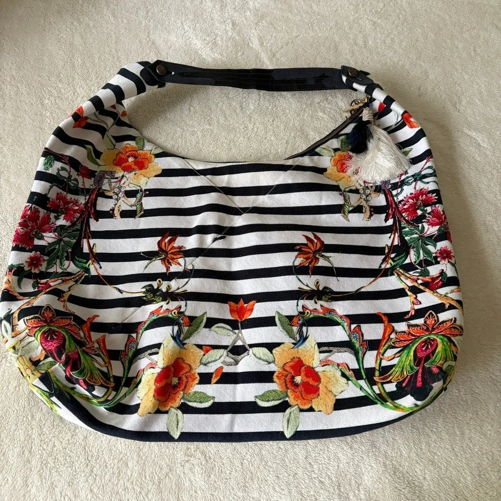 Camilla Beach Hobo Joie de vivre Large Carry All Embellished Floral Striped