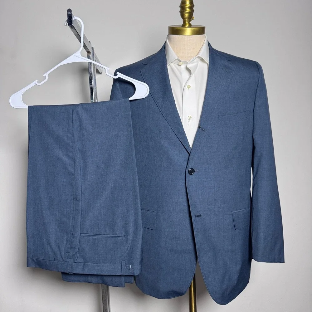 1970s Deansgate Suit Mens 41L 33x29 Blue Solid Vintage Ivy League Wash & Wear‎