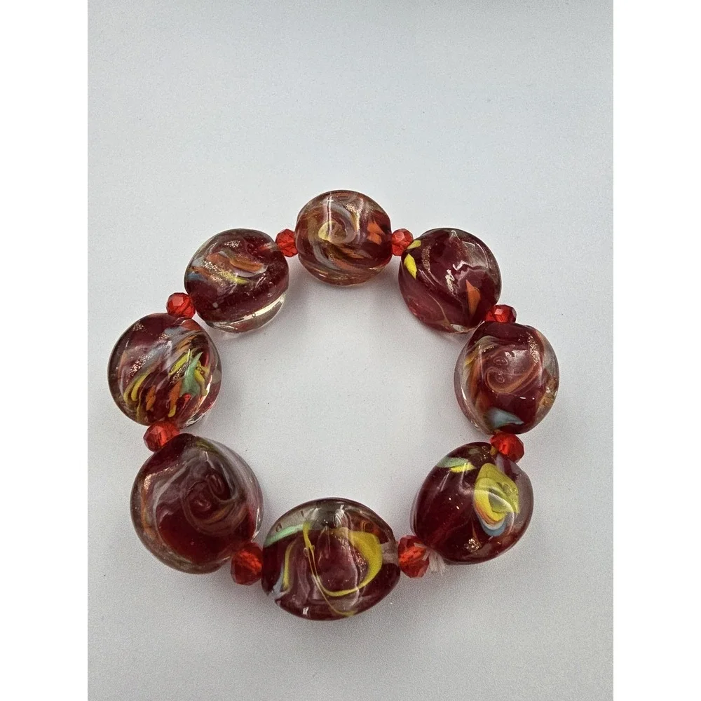 Chunky Red Swirl Art Glass Lamp work Foil Bead Stretch Bracelet‎ Fashion Jewelry