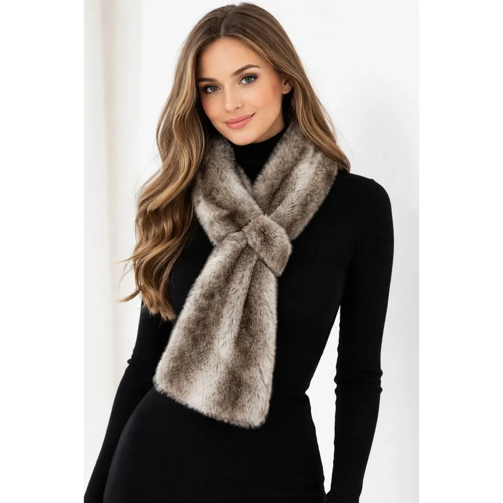 Women Brown Gray‎ Striped Faux Fur Scarf Stole Plush Velvet Backing Pull Through