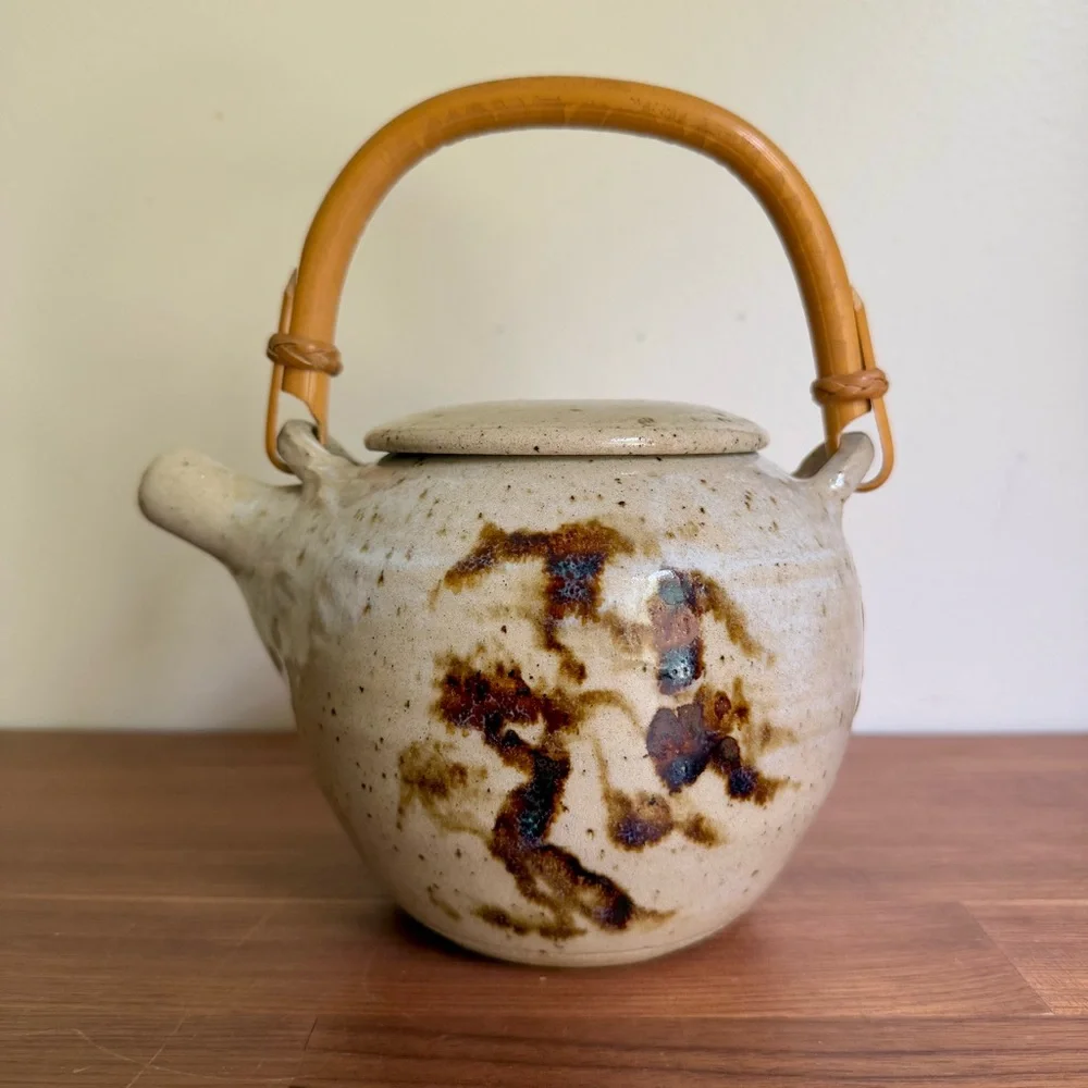 Vintage Japanese Hand Crafted Pottery Teapot w/Bamboo Handle, Signed