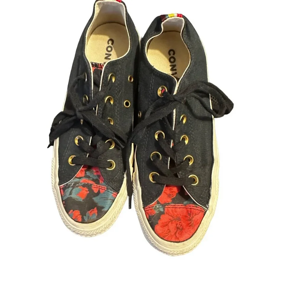Converse Chuck Taylor Low Top Floral Black‎ Red Gold Eyelets Sneakers Size 6