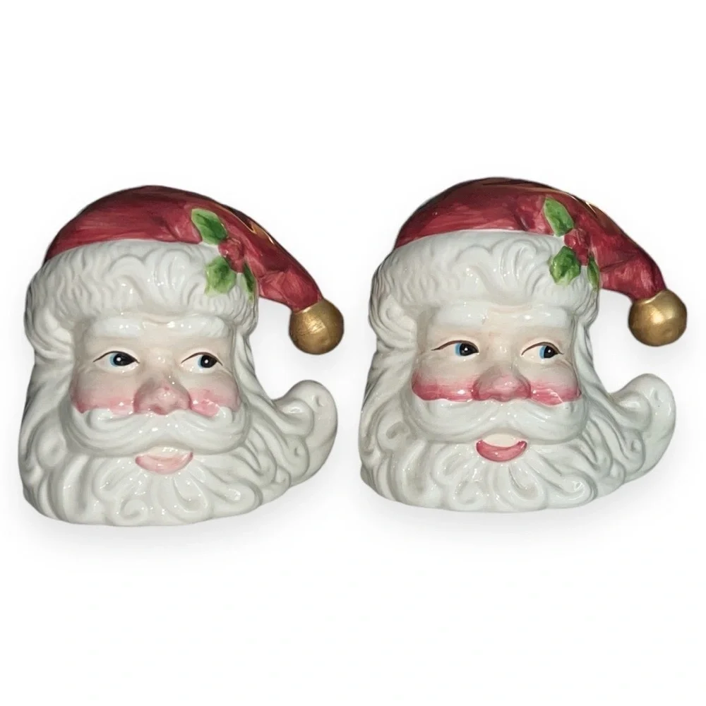 Vintage Big Ceramic Santa Claus Head Salt & Pepper Shakers Hand‎ Painted 4” H