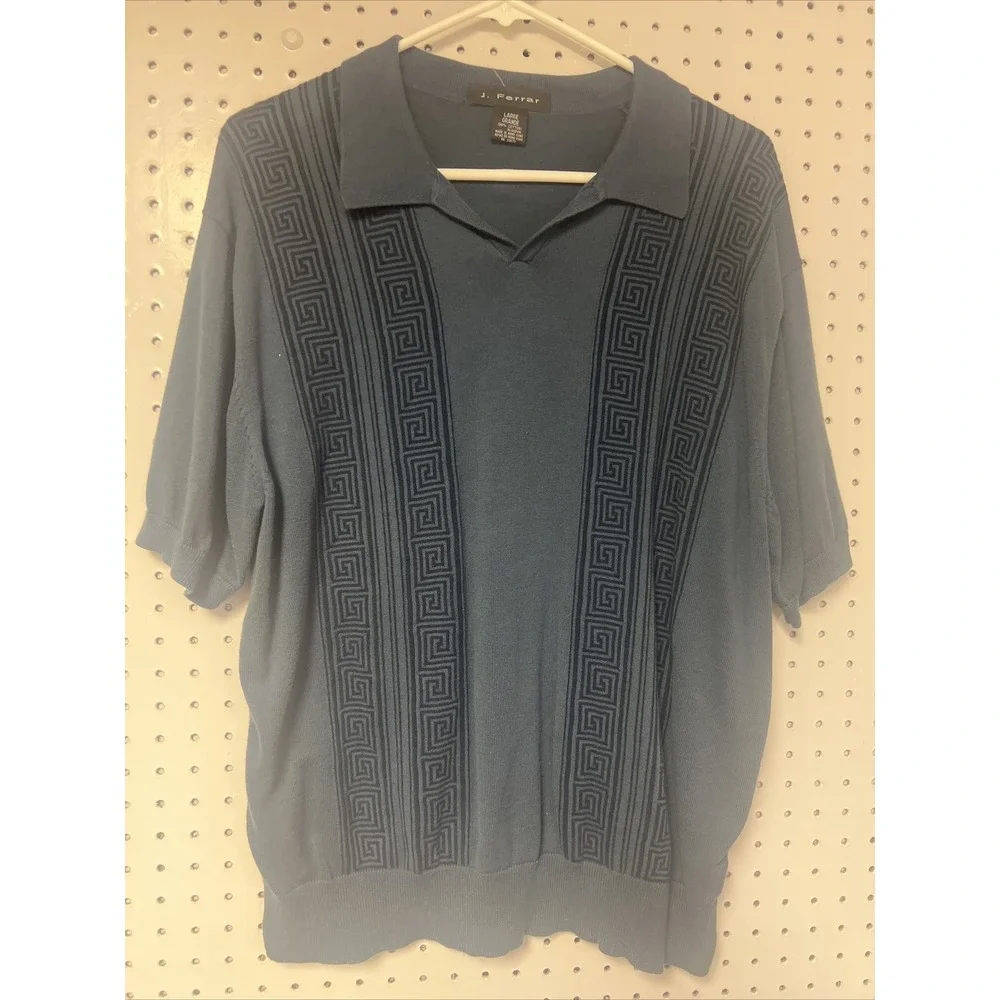 Vintage J Ferrar Collared V Neck‎ Blue Cotton Shirt Geometric Shapes Large