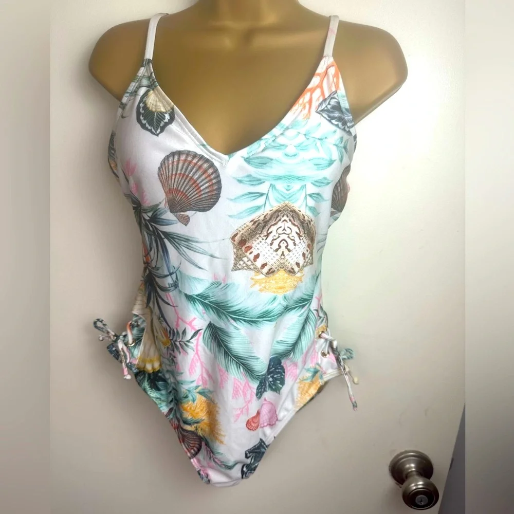 RACHEL Racheal Roy Seashell PalmTree Small LaceUp Sides One Piece Swimsuit NWT L