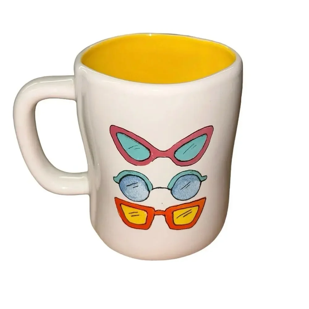 Rae Dunn Sunny Days Ahead Mug Yellow Interior Sunglasses‎ Graphic Coffee Cup