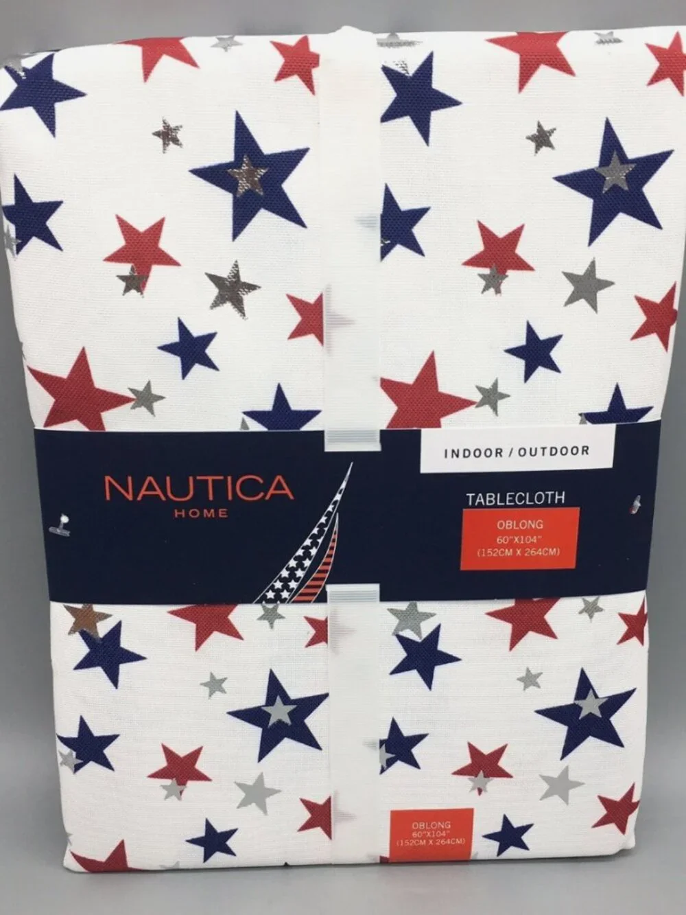 Nautica July 4th Star Tablecloth 60x104 Patriotic Silver Foil Red Blue Outdoor