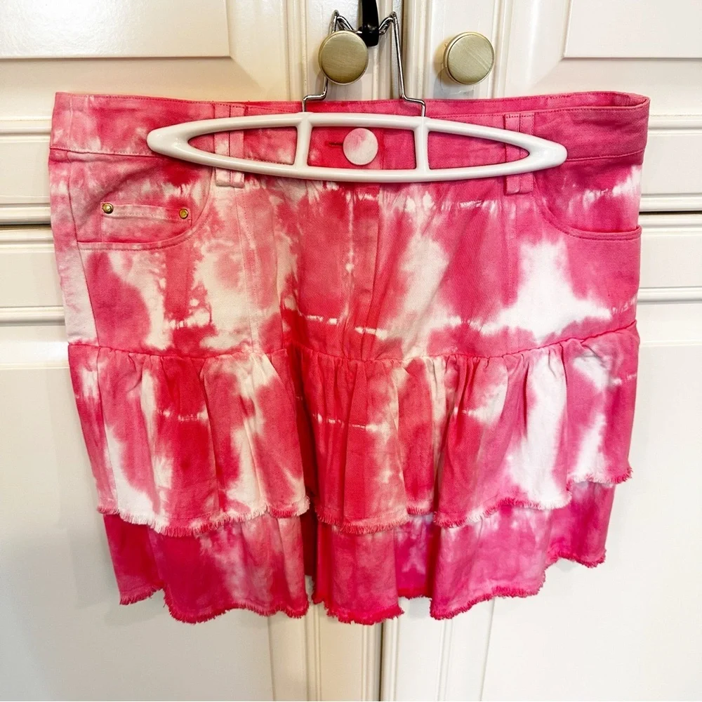 LoveShackFancy Landen Women’s Pink‎ Tie Dye Tiered Ruffle Mini Skirt Cotton Y2K