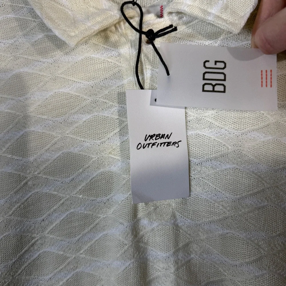 BDG Urban Outfitters Cream Wavy Diamond Knit Polo Long Sleeve Shirt Mens L‎
