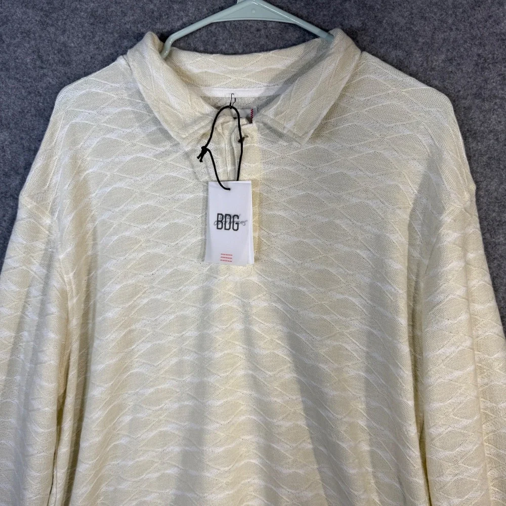 BDG Urban Outfitters Cream Wavy Diamond Knit Polo Long Sleeve Shirt Mens L‎