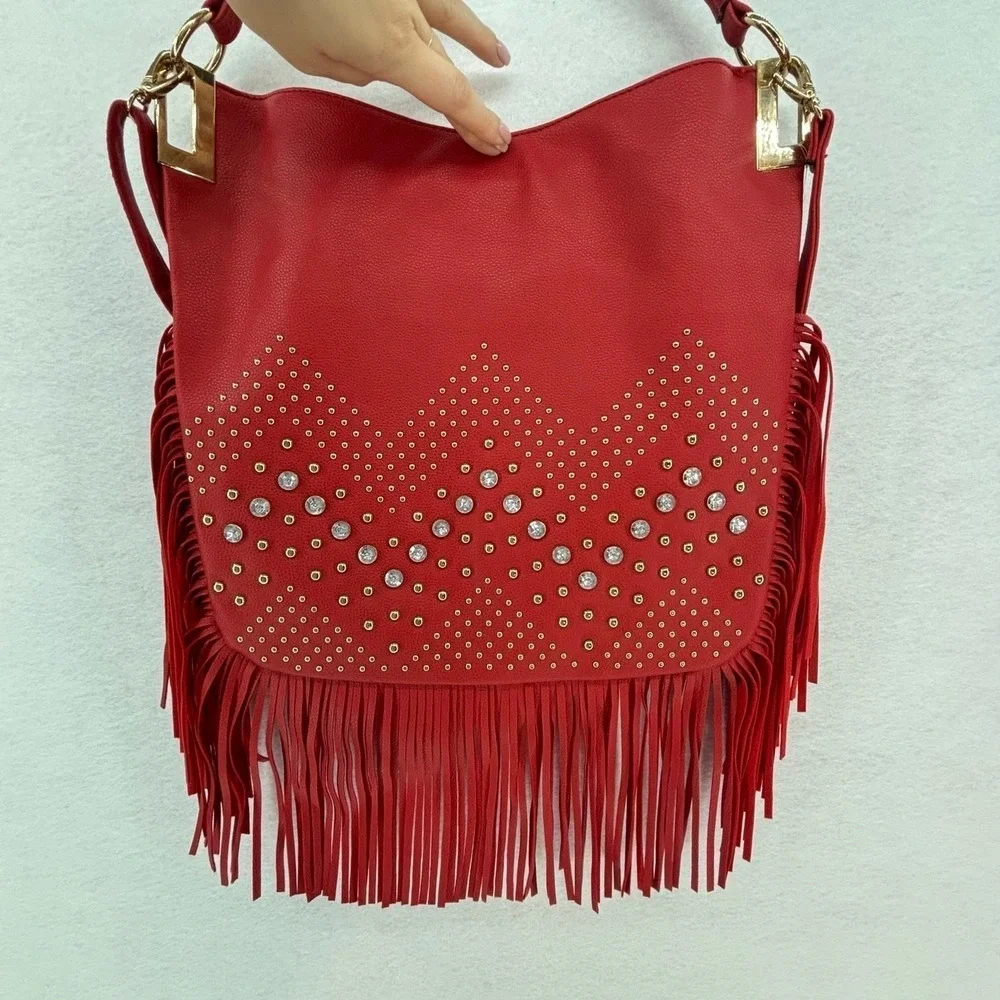 LaTique Red Studded Fringe Hobo Bag Vegan Leather Boho Western Festival Cowgirl