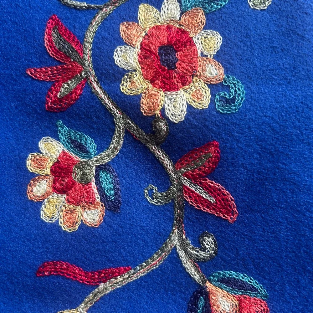 Jessica McClintock Otomi Embroidery Scarf Blue Fabric with Floral Paisley Design