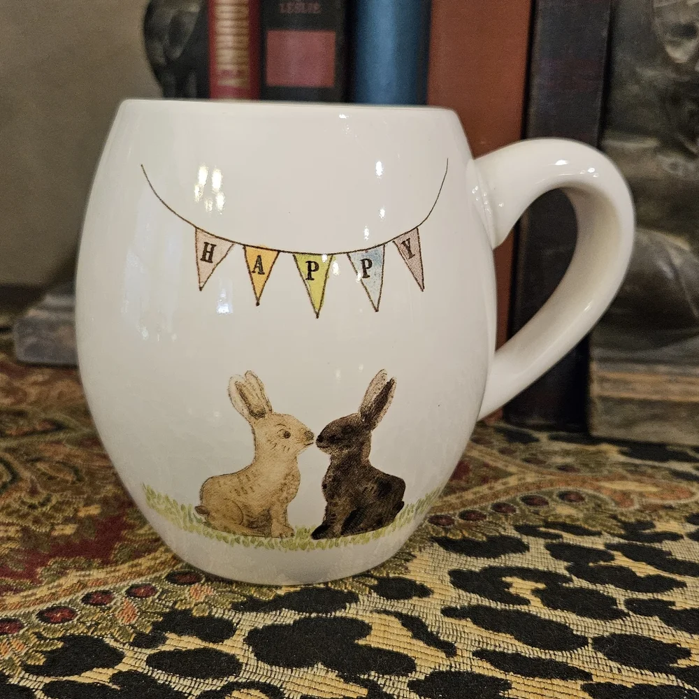 Rae Dunn By Magenta Happy Easter Flag Banner Bunny Rabbits Coffee Mug