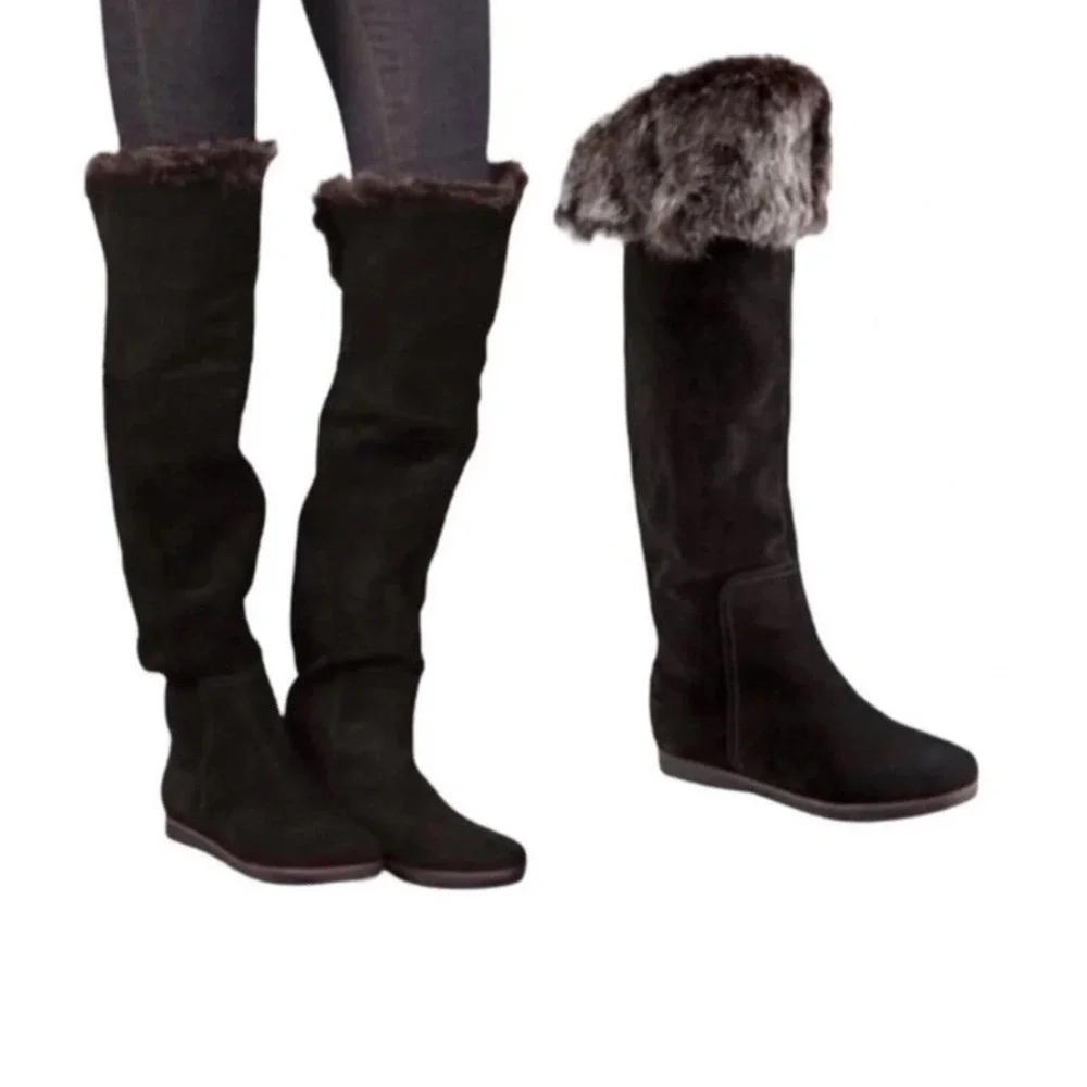 SAM EDELMAN 8M Black Orlando OTK Suede Faux Fur Cuff‎ Tall Boots Riding Luxury