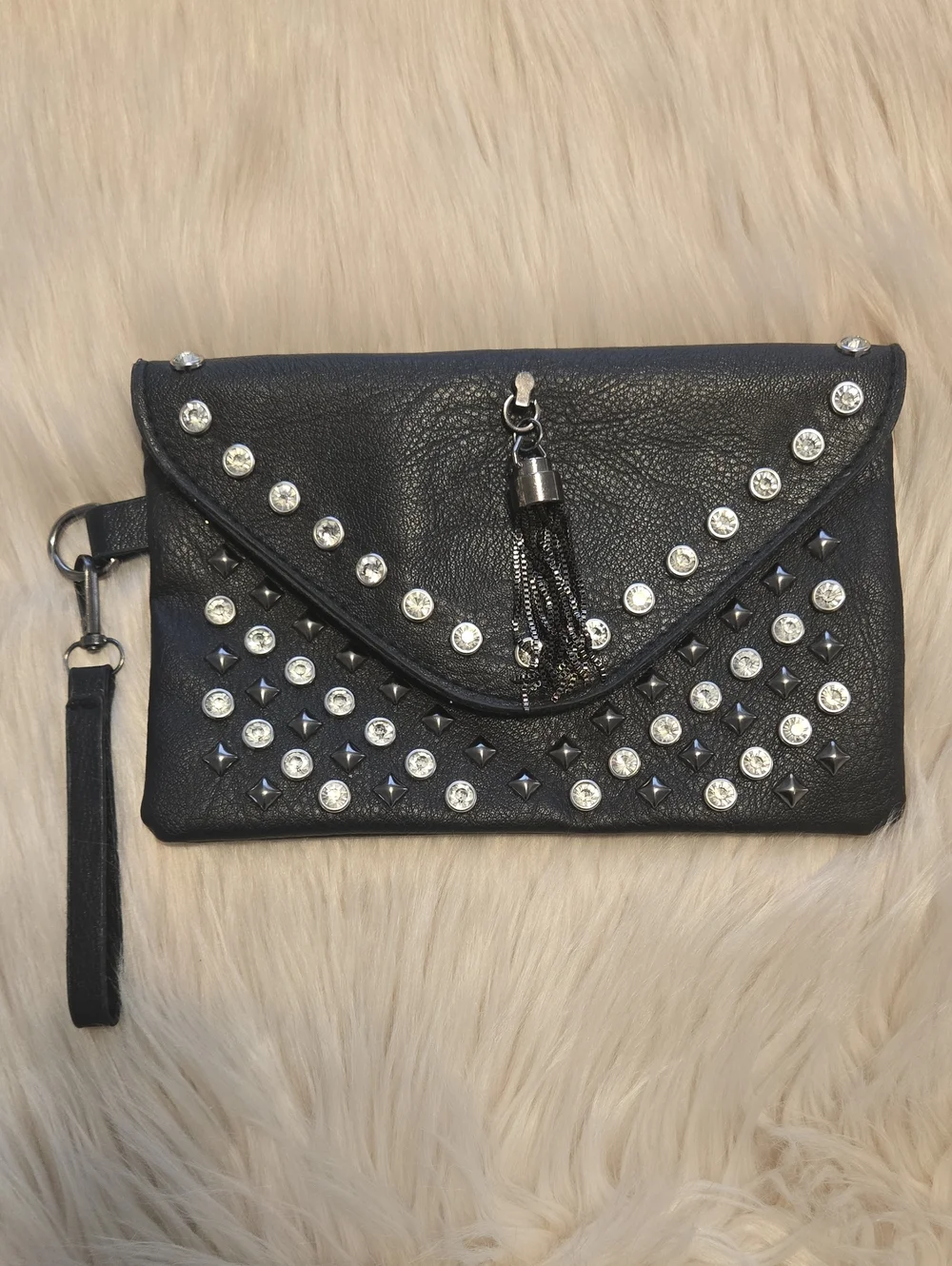Black Studded Vegan Leather Clutch with Tassel - NEW