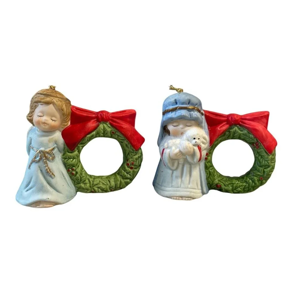 VTG‎ Jasco Lil Chimers Ceramic Christmas Angel Shepherd Napkin Rings Set Of 2
