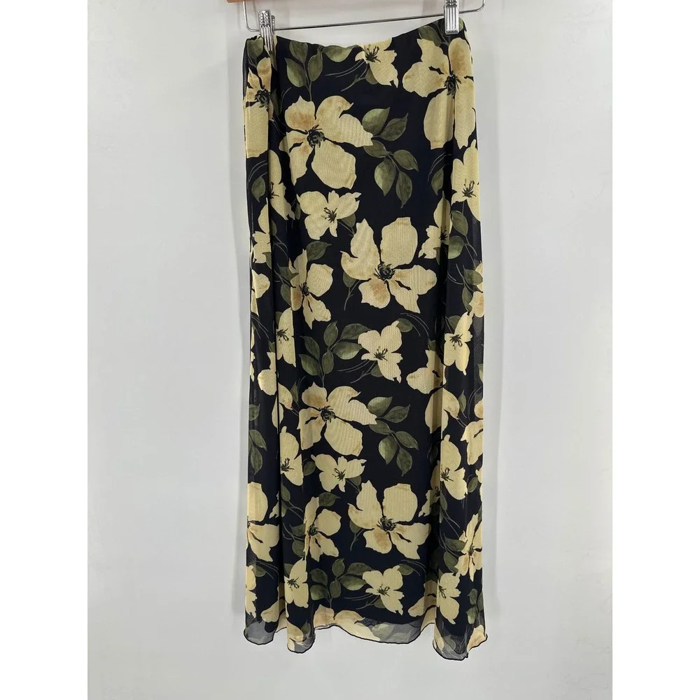 Evereve Z Supply Floral Mesh Two Piece Set Long Sleeve Maxi Skirt Black Yellow
