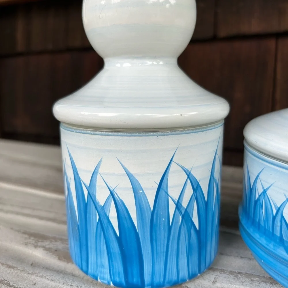 Vintage Blue and White Hand Painted Lidded Glass Jars with Coastal Motiff