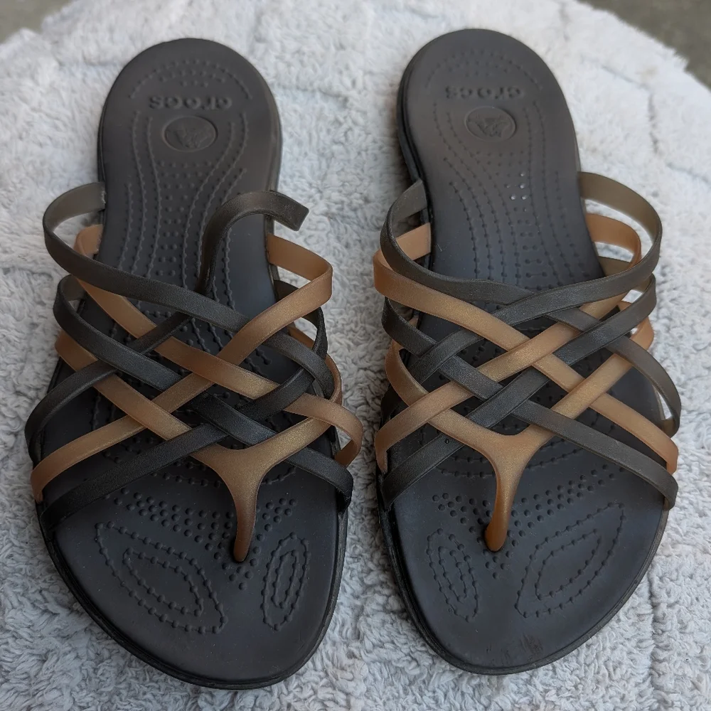 CROCS Women's Black and Bronze Strappy Slip-On Sandals