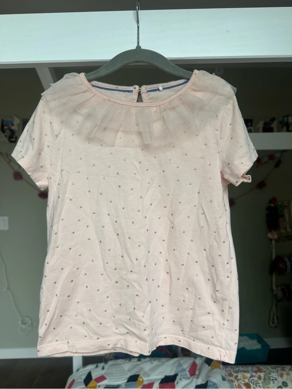 Boden Girls’ Pink Short Sleeve Top with Ruffled Tulle Neckline, Size 6-7