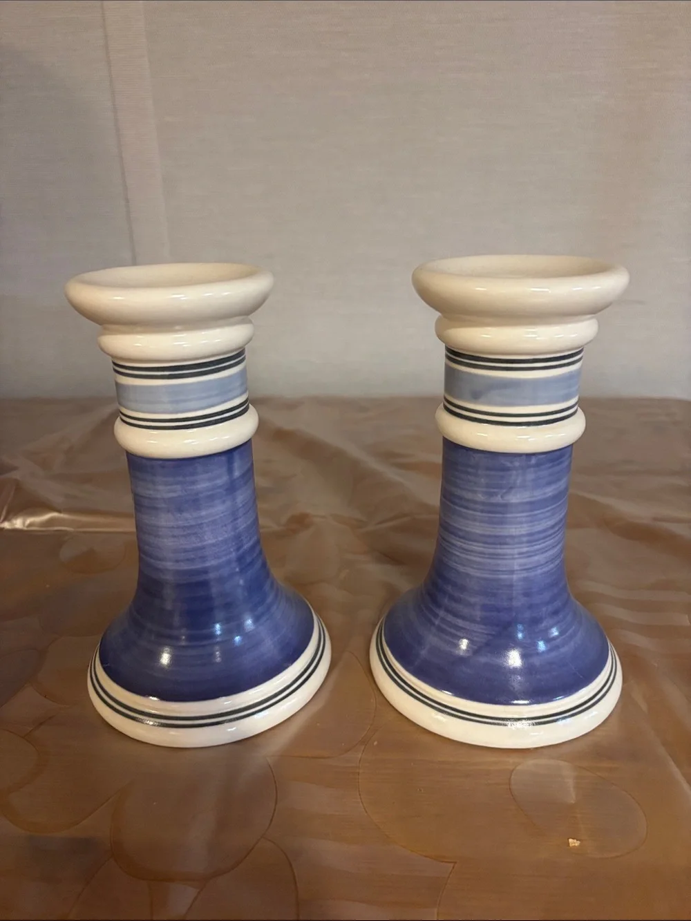 set of two vintage Pfaltzgraff Rio candle holders with a blue and white strips
