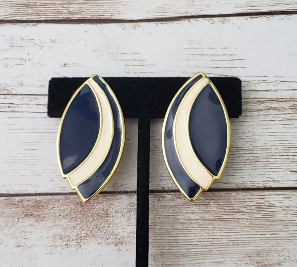 Vintage Clip On Earrings - Navy Blue, Gold Tone, Cream - Statement Earrings