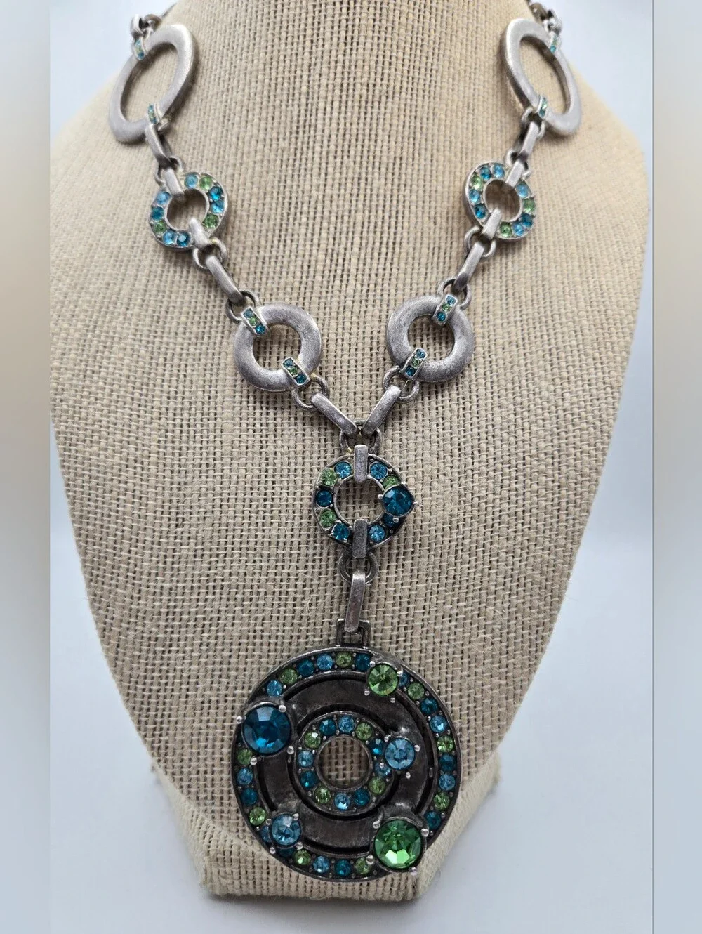 Chico's Silver-Tone Blue Green Crystal Circle Drop Necklace Sculptural Retro