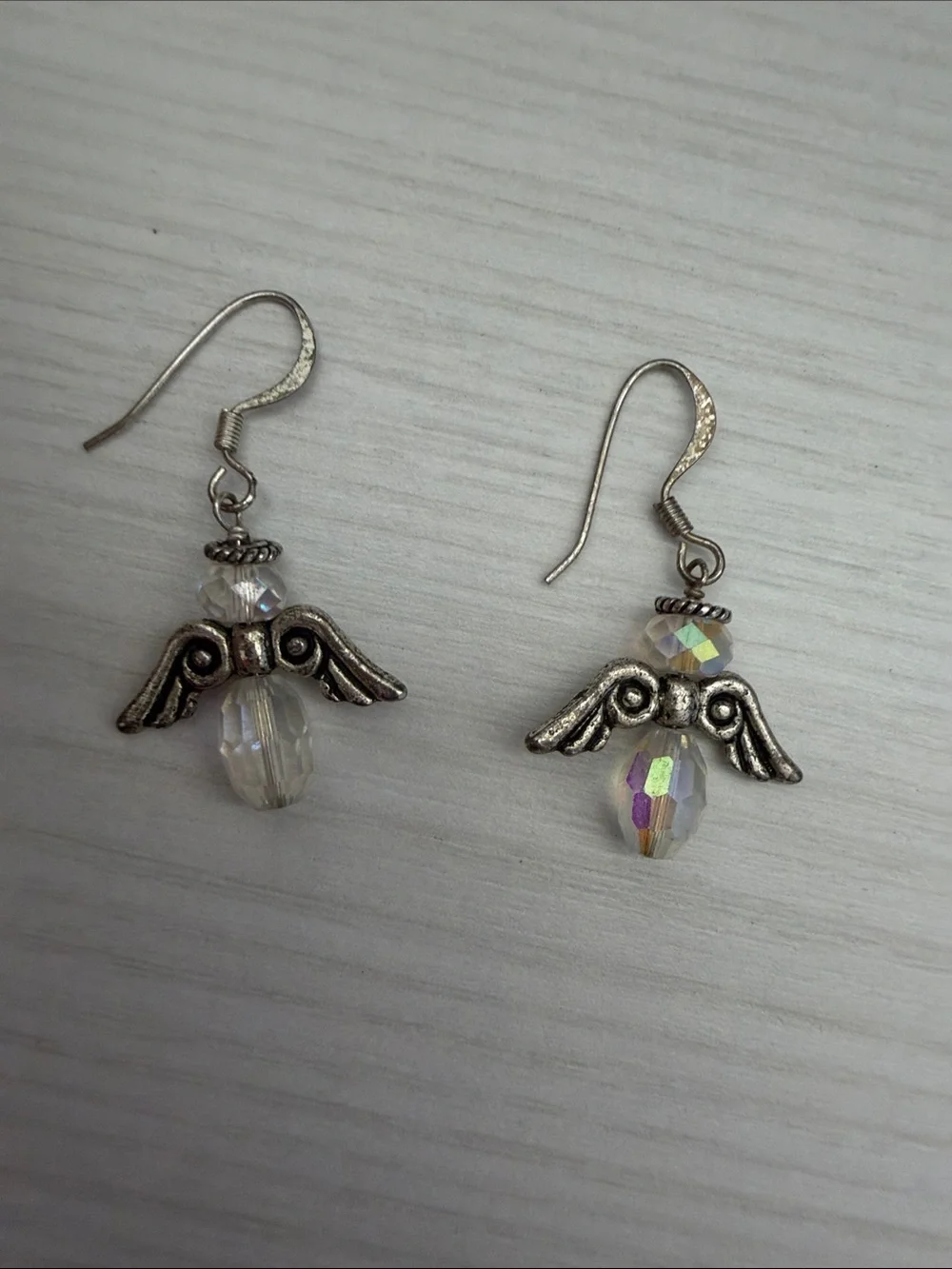 Iridescent Crystal Angel Wing Drop Earrings - Silver