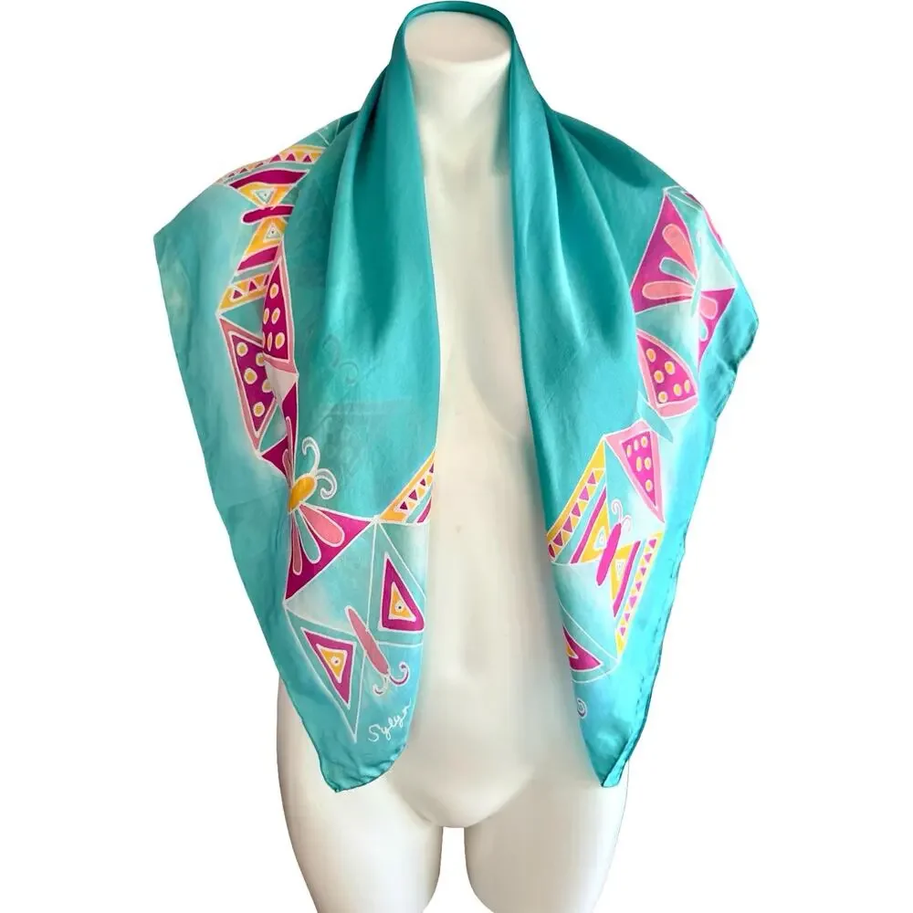 Vintage 1970s Hand Painted Sylyn Silk Scarf Turquoise Butterfly 35” Rolled Edges