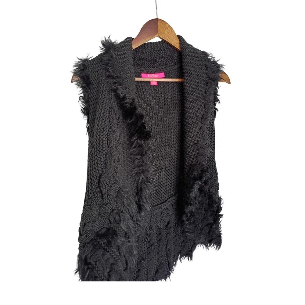 Lilly Pulitzer Boho Faux Fur Trim Cable Knit Vest Cotton Blend Fits‎ S $168
