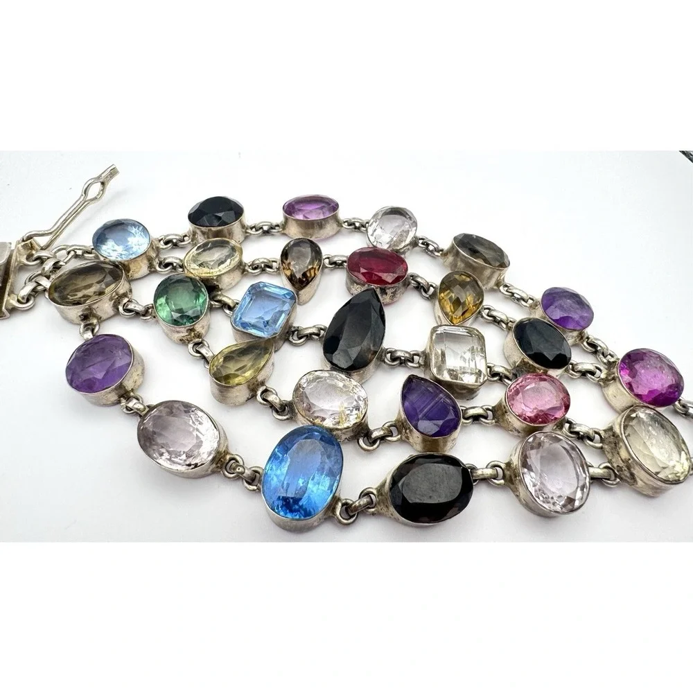Sterling Silver 925 Massive Multi Gemstone Wide Statement Bracelet 109.5g Fit 7