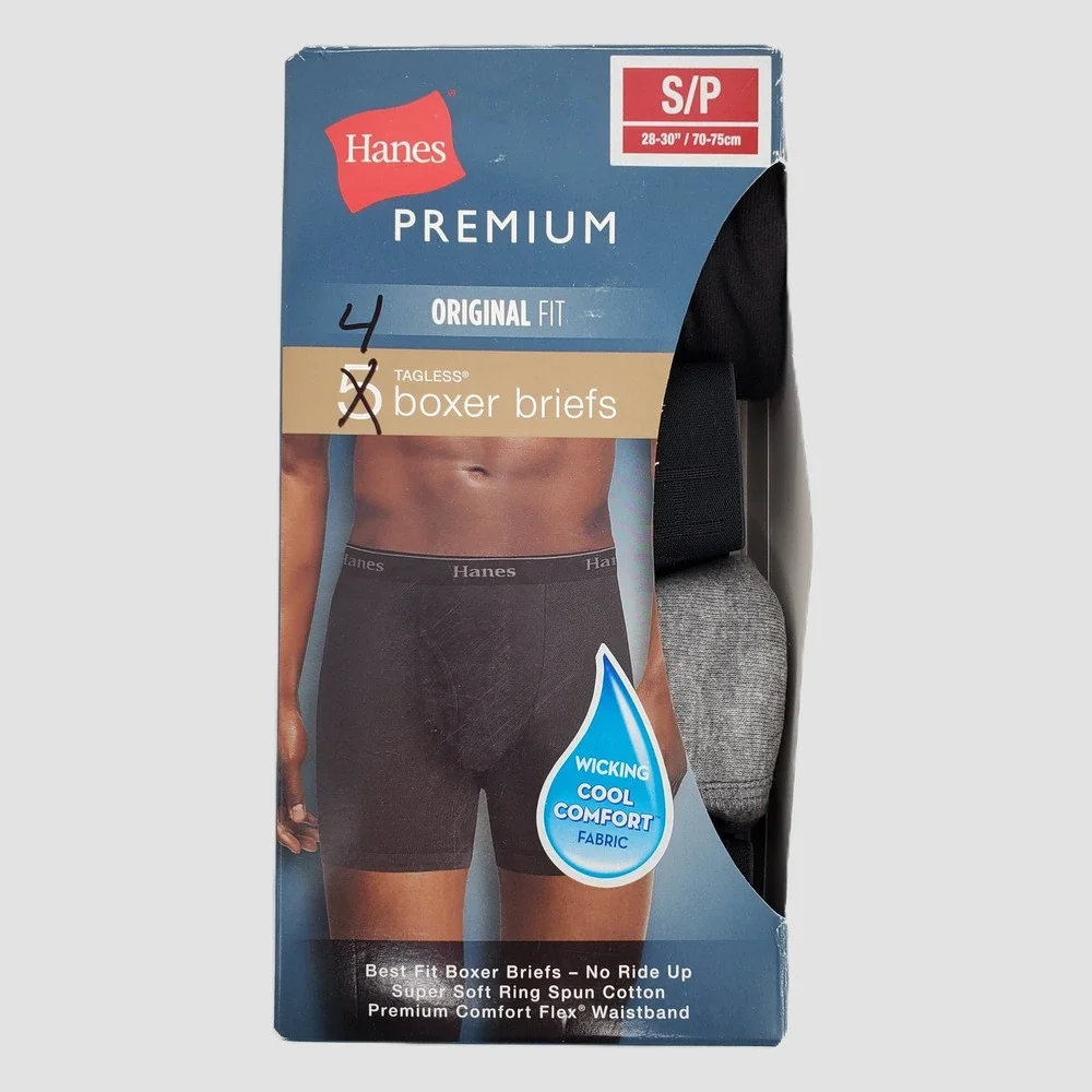 Hanes Premium Mens‎ Boxer Briefs 4 Pack Small Black Gray Cotton Tagless 9HPWG5