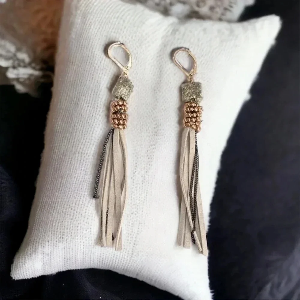1 LEFT! Hematite Nugget Leather Fringe Earrings