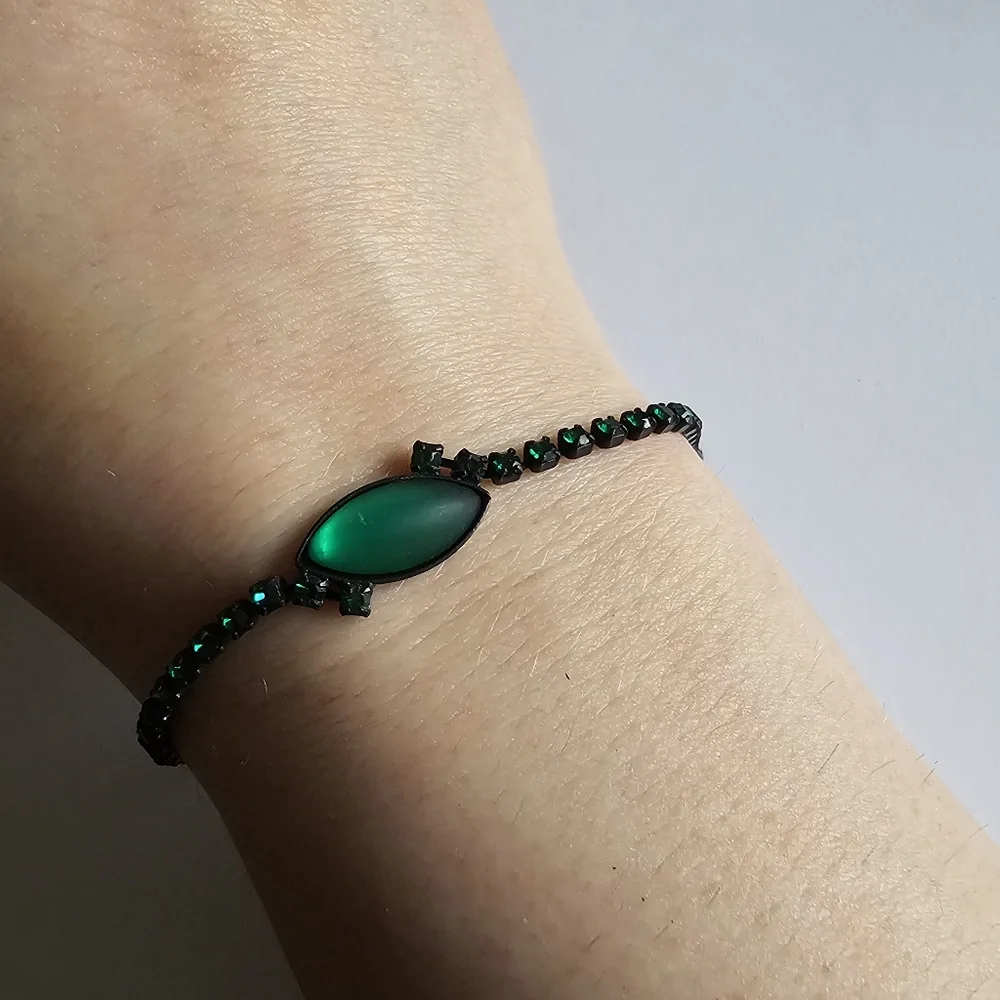 Vintage green rhinestones bracelet black metal dainty retro Japanned prom formal