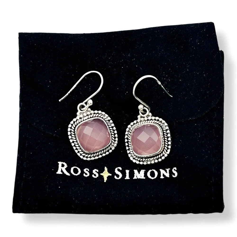 Ross Simons Rose Quartz Dangle Earring 925 Sterling‎ Silver Square Rope Faceted