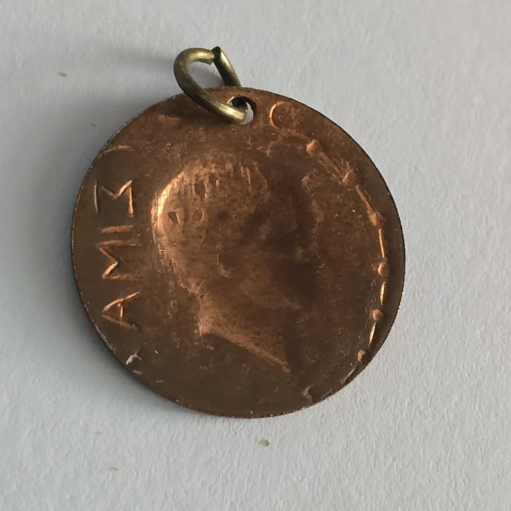 Vintage pendant copper tone numismatic charm jewelry faux coin