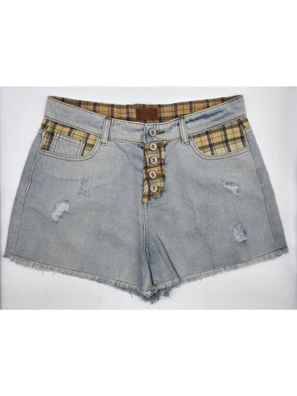 POL Womens Jean Shorts Size Large Patchwork Cut Off Button Fly Distressed Denim