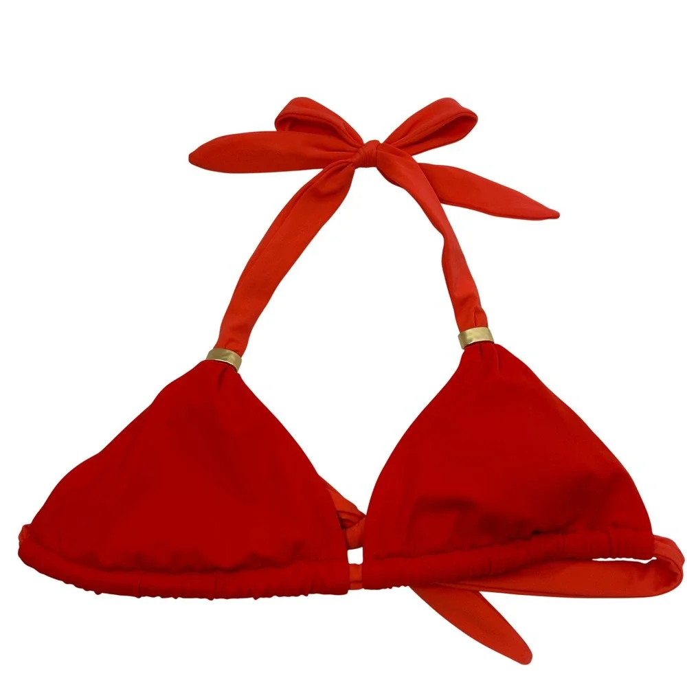 Boden Orangish Red Triangle Bikini‎ Top Gold Hardware Halter US 6 S028