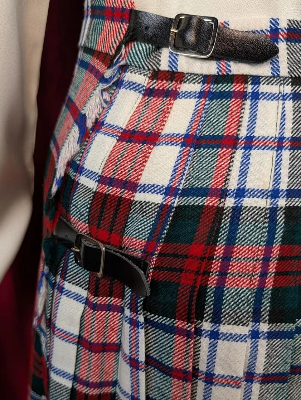 Vintage Clan Laird Made in Scotland White, Green, Blue, & Red Tartan Plaid Kilt