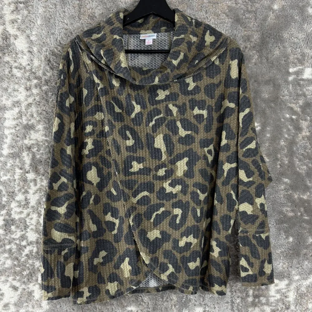 LulaRoe Sz S Kristen Leopard Animal Print Waffle Knit Cowl Neck Pullover Sweater