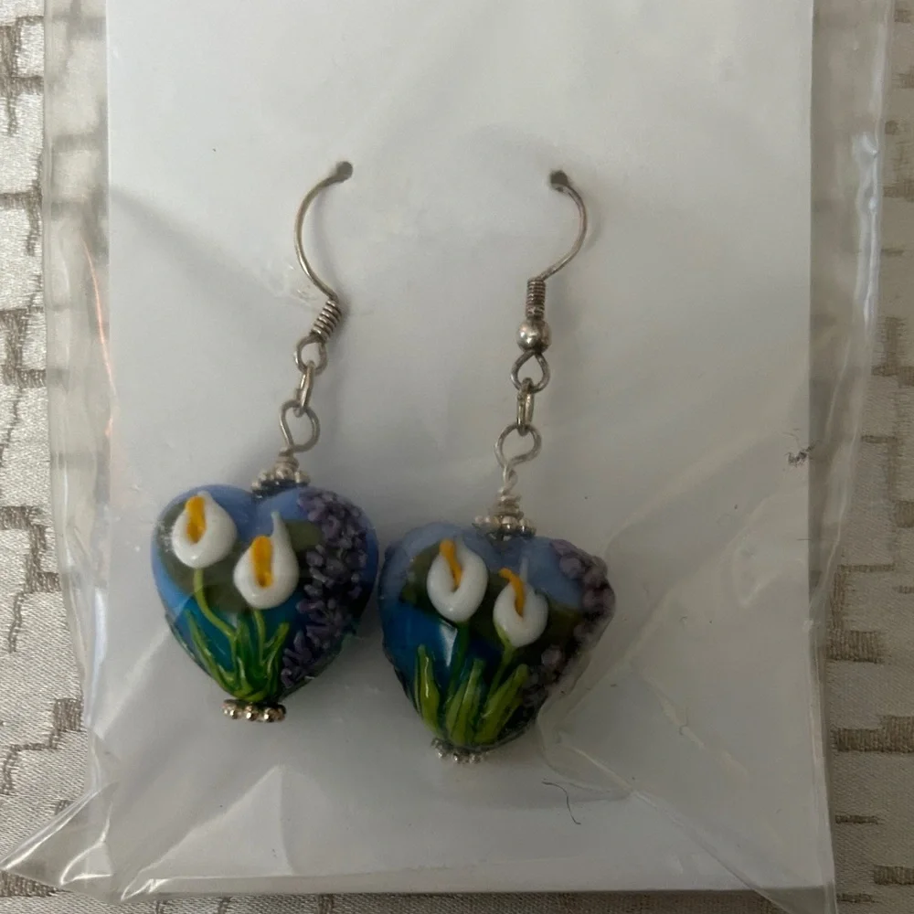 Glass Heart-Shaped Floral Earrings