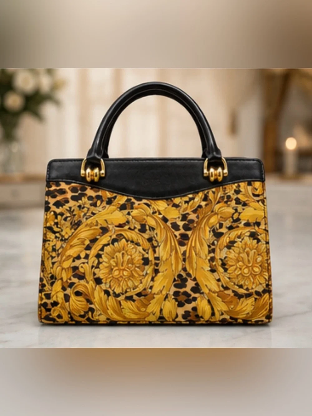Gianni Versace Vintage Baroque Leopard Top Handle Satchel Shoulder Bag