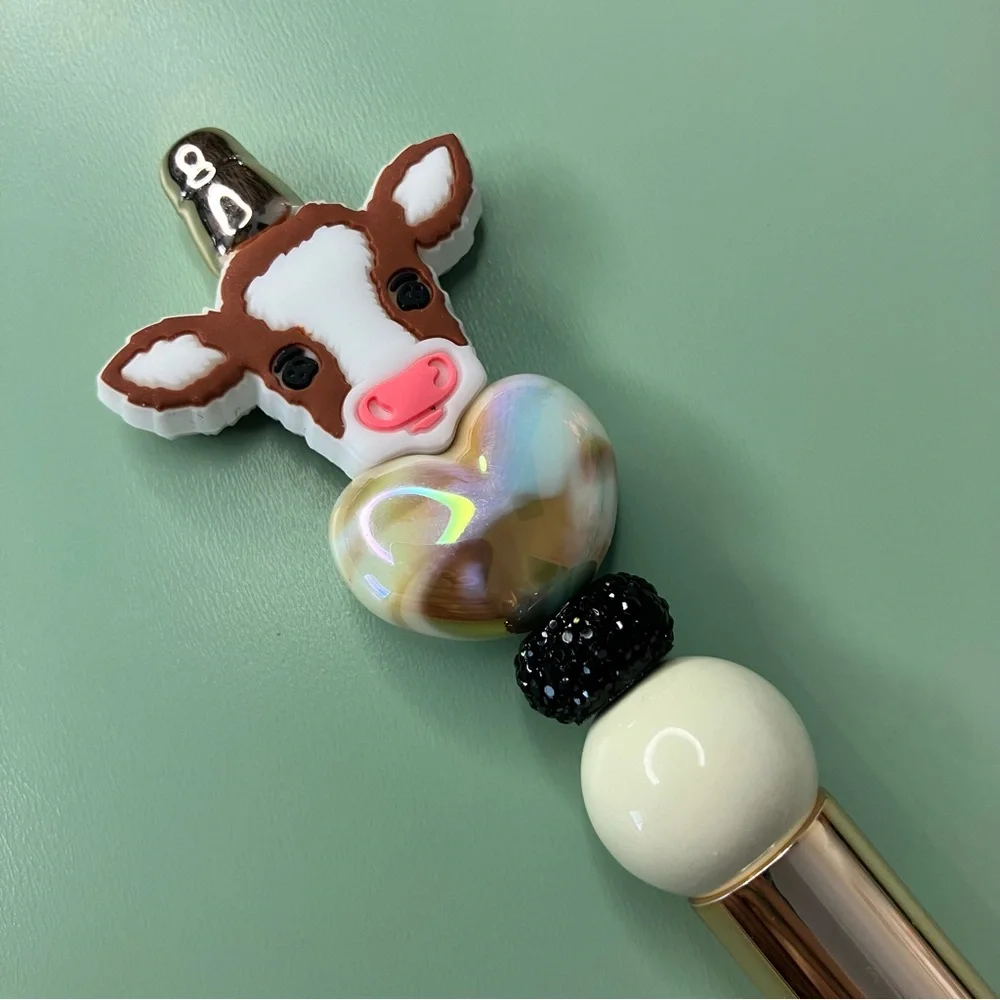 Cute Cow Handmade Beaded Pen with Heart Design