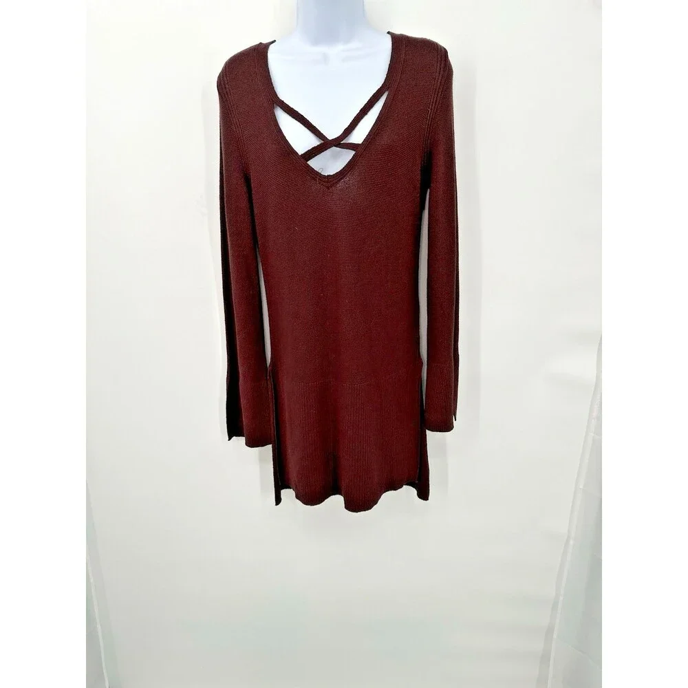 FREE PEOPLE ‎ Brown Cross V Neck, Bell/Long Sleeve Tunic Vented Sweater Size S/P