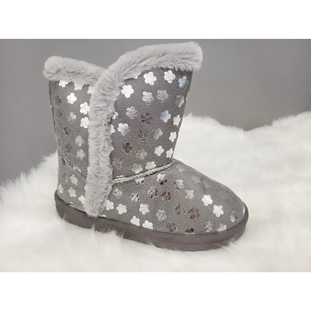NEW Sz 2 Girls Flower Silver Gray Metallic Flower Faux-Fur Slipper Winter Boot‎