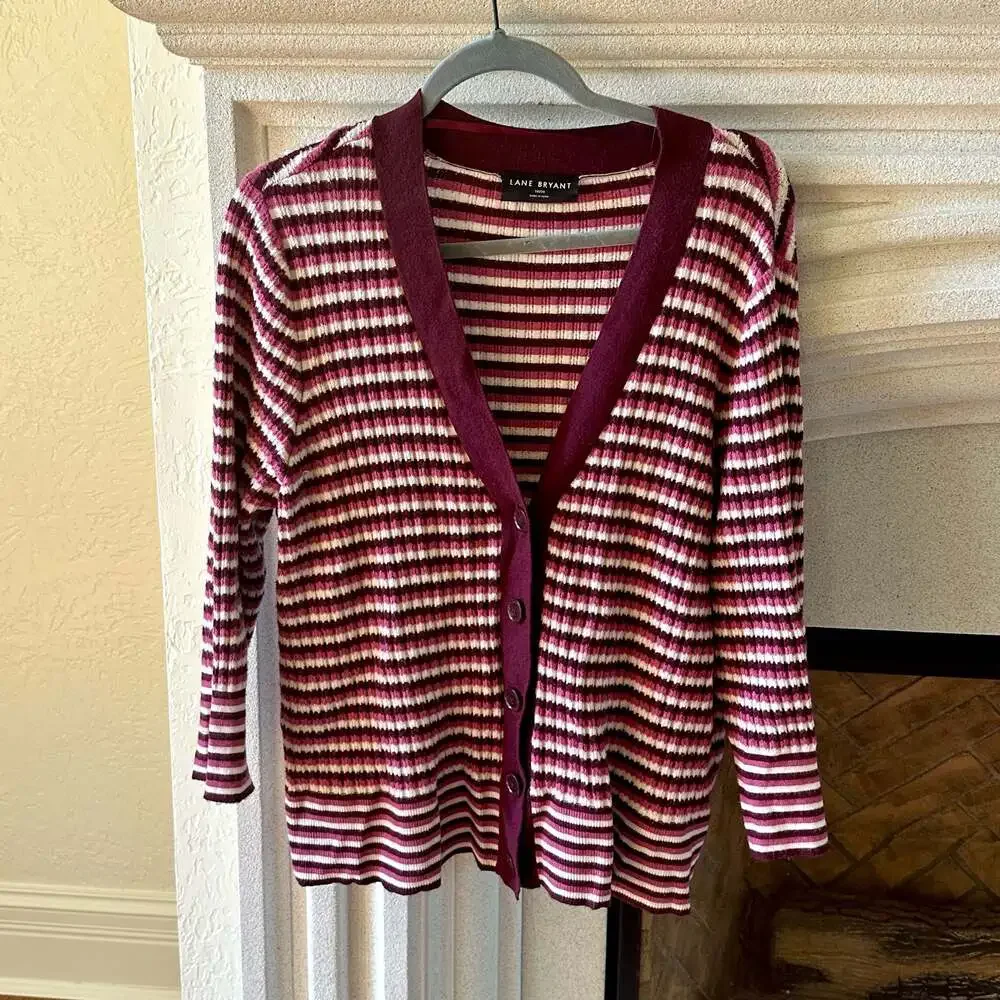 Lane Bryant Ribbed Striped V-Neck Button-Front Cardigan Sweater
